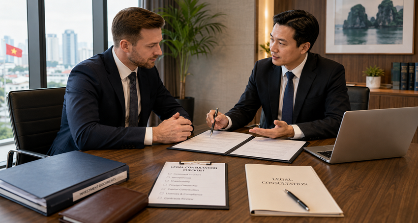 Foreign investor consulting a Vietnam investment lawyer before making FDI