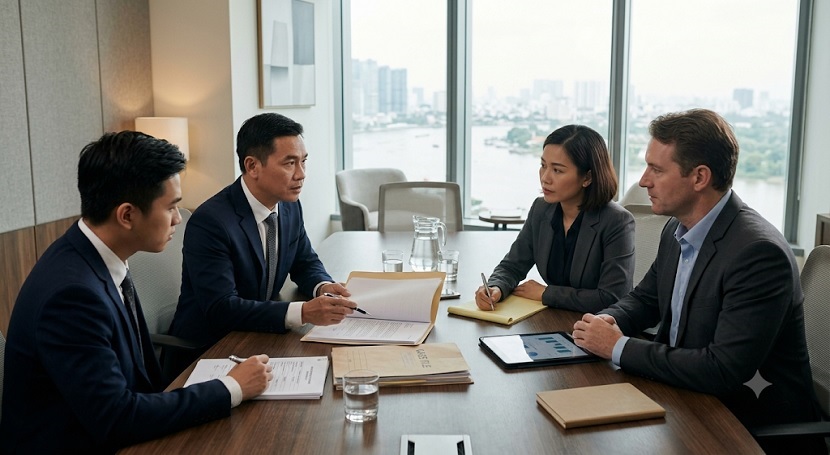 Lawyer discussing employment termination risks with company managers