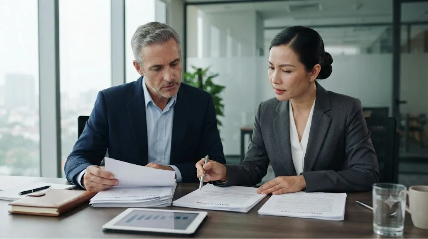 Foreign buyer and Vietnamese lawyer preparing a demand for delivery or a refund.