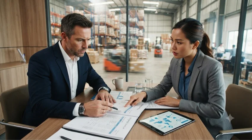 Foreign buyer reviewing a delayed shipment with a Vietnamese logistics representative.