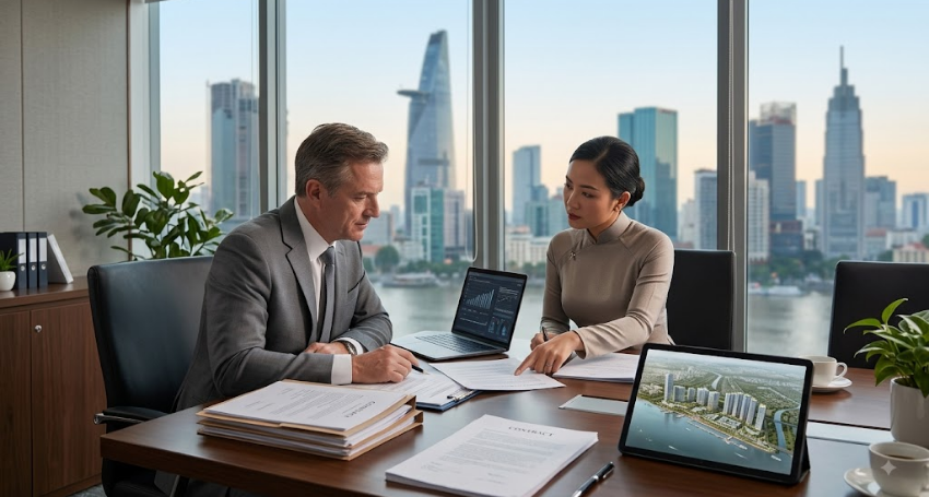 Foreign investor reviewing contract and property documents in Vietnam