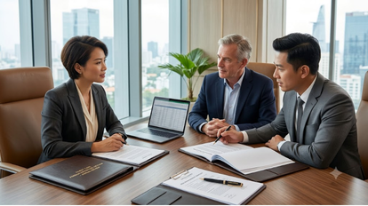 Foreign business executives reviewing legal documents in Vietnam