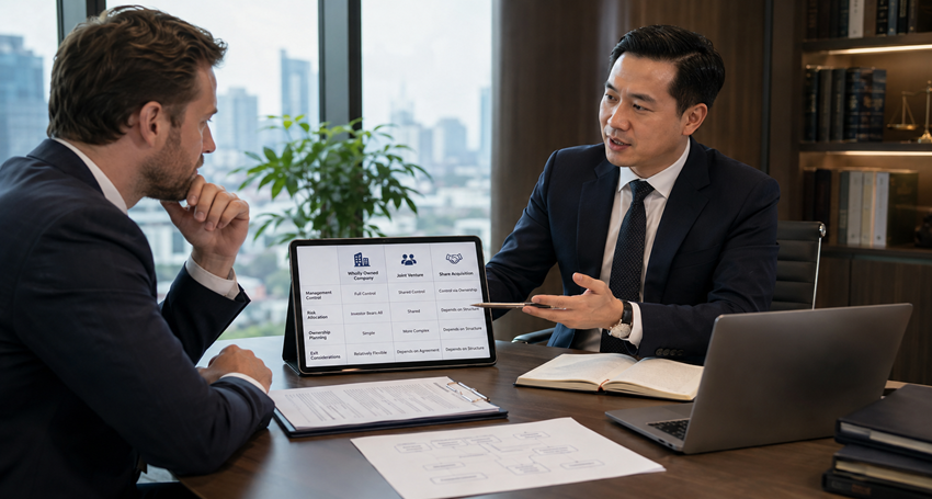 Foreign investor comparing investment structures with legal advisor in Vietnam