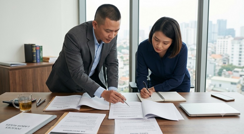 Employment contract and internal policy documents on a legal office desk