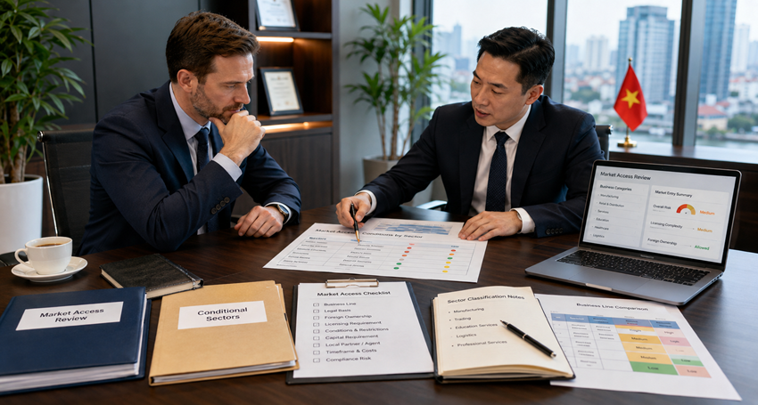 Lawyer reviewing market access conditions for foreign investment in Vietnam
