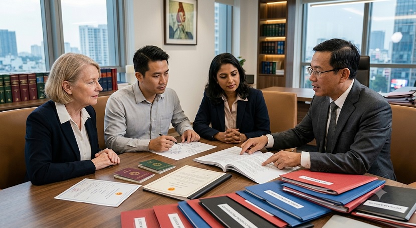 International family members discussing heir status and Vietnamese estate records