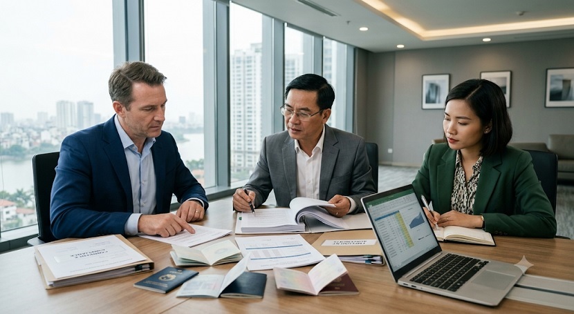 Foreign employee work permit documents being reviewed in Vietnam